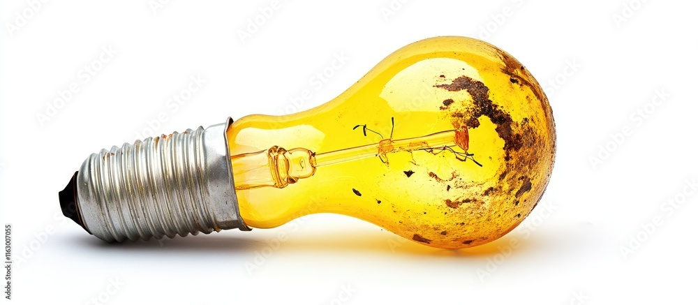 Poster worn yellow lightbulb on white background symbolizing obsolescence with space for creative ideas and