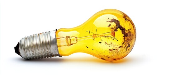 Worn Yellow Lightbulb on White Background Symbolizing Obsolescence with Space for Creative Ideas and Text Integration