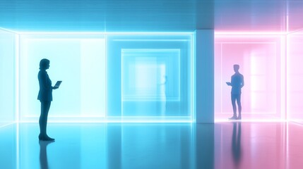 Modern workspace with vibrant neon lighting.