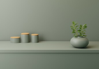 Dark pastel contemporary tabletop with empty space for your product display over beautiful sage green background. Minimal elegant trendy green color. 3d rendering.