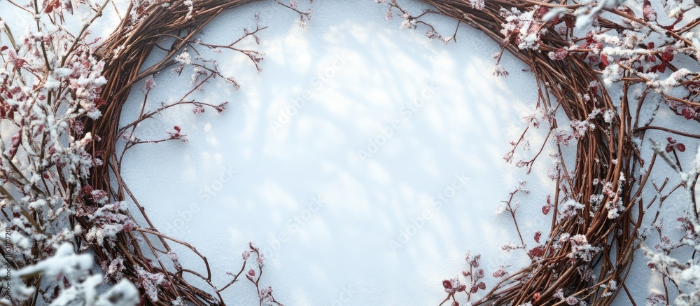 Poster woven willow twig frame adorned with leaves and flowers set in a snowy forest with ample space for t