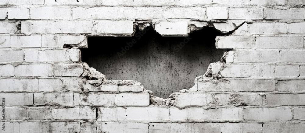 Poster textured worn white brick wall with a hole creating a unique empty space for text or design elements