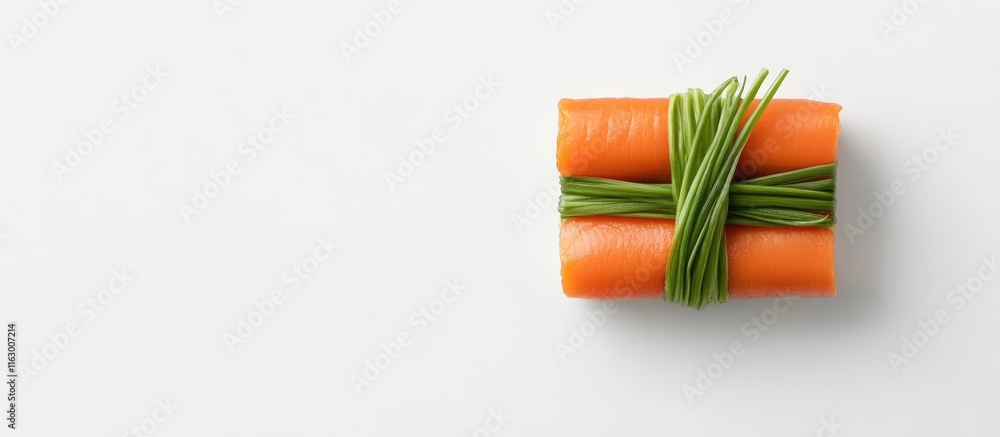 Poster fresh carrots tied with green chives on a clean white background with ample empty space for text or 