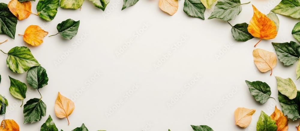 Poster wreath of varied green and golden leaves on a light background with ample blank space for adding cus