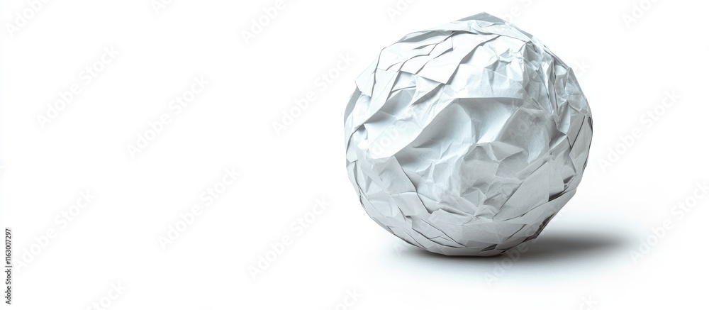 Poster crumpled wrinkled paper ball on white background with blank space for text or graphics