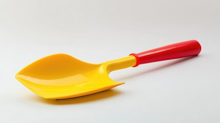 Colorful Plastic Garden Shovel with Yellow Scoop and Red Handle on Neutral Background