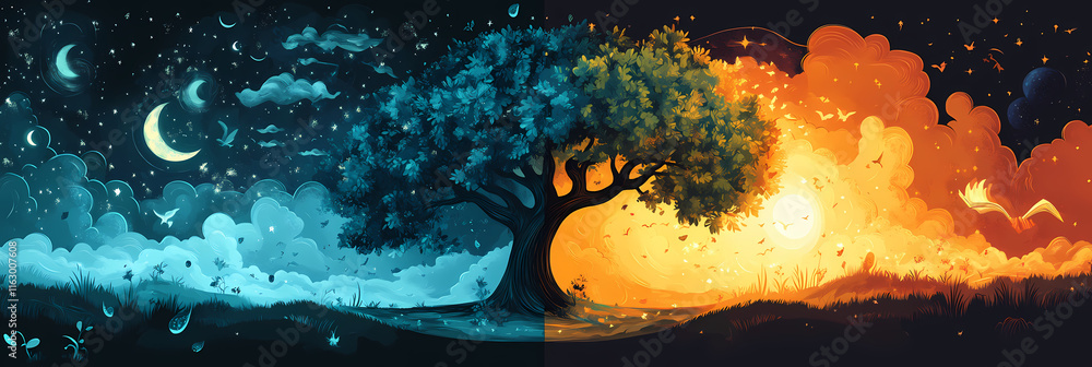 Poster tree transitions between night and day in a colorful fantasy landscape with vivid imagery. generativ