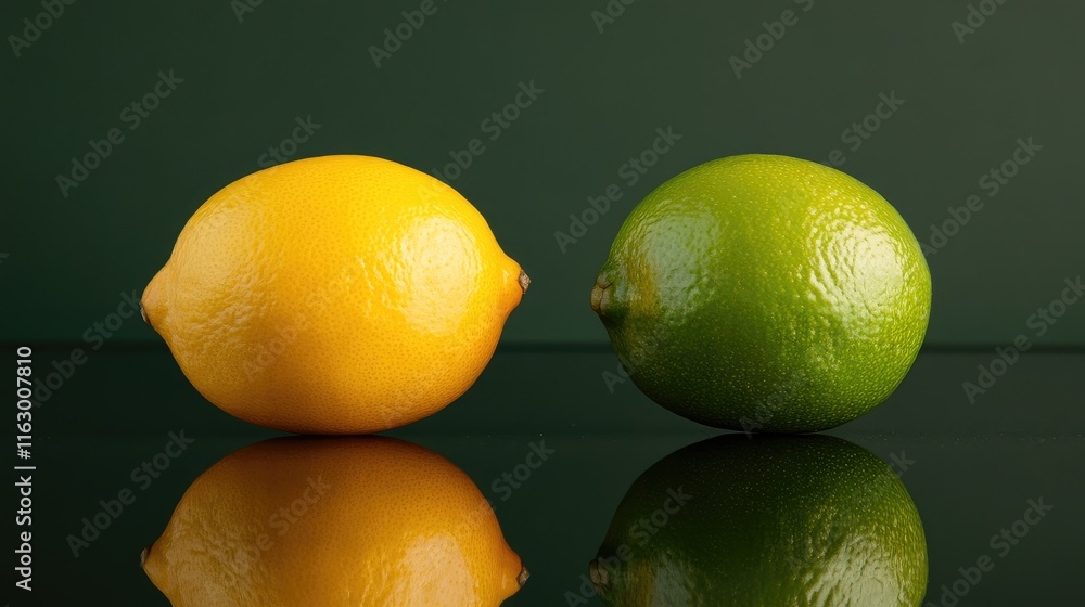 Poster fresh yellow lemon and green lime displayed side by side on dark background with reflection