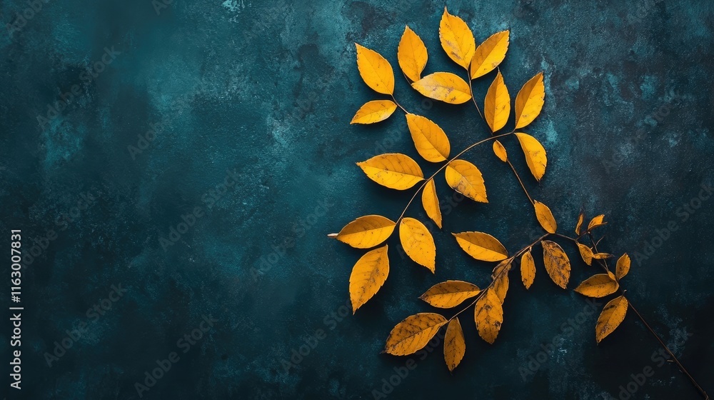 Aufkleber autumnal composition of yellow leaves against a dark background with ample copy space for creative t