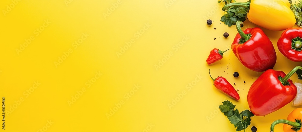 Poster vibrant yellow and red bell peppers arranged on a bright backdrop with ample negative space for cust
