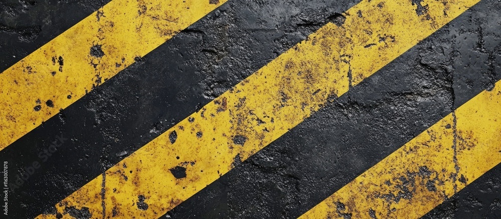 Poster yellow and black diagonal stripes on textured surface with truck tire marks and blank area for text 