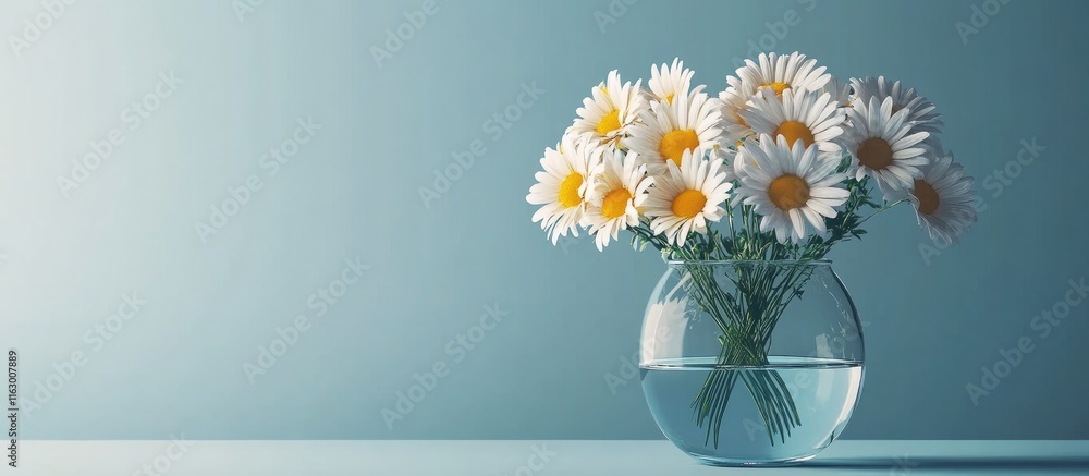 Poster daisies in a clear vase on a blue background with ample space for text showcasing freshness and simp