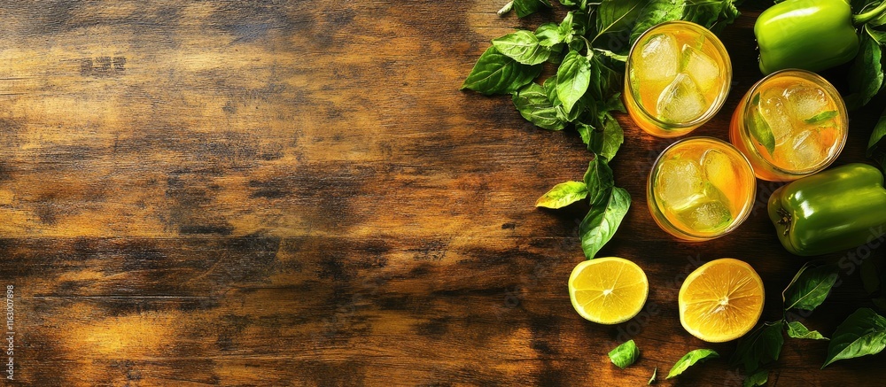 Poster fresh bell peppers and citrus fruits with refreshing drinks on a rustic wooden surface creating spac