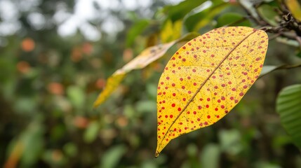 Obraz premium Vibrant Yellow Leaf with Red Spots Captured in Nature's Autumn Palette