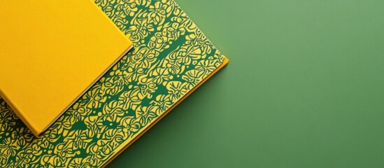 Decorative yellow and green patterned book with blank space for personalization set against a solid green background