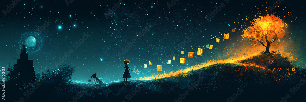 Aufkleber journey through a starry landscape with a glowing tree and floating lanterns at night. generative ai