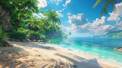 Fototapeta premium A vibrant tropical beach with golden sands, turquoise waters, and lush green palm trees under a vivid blue sky. 