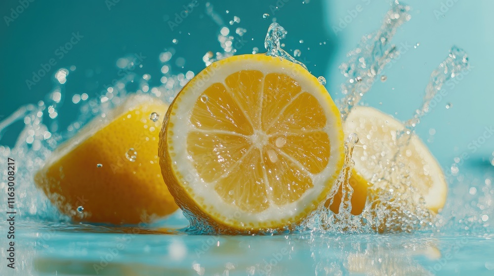 Aufkleber fresh lemon slices creating a dynamic splash against a vibrant blue background highlighting citrus f