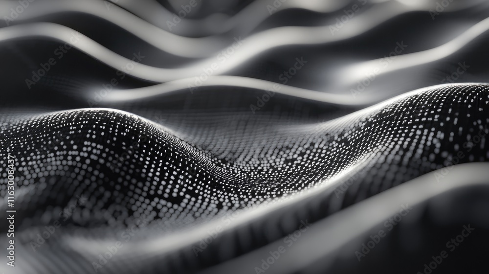 Poster digital waves of binary data visualization with varying depths and textures in monochrome tones