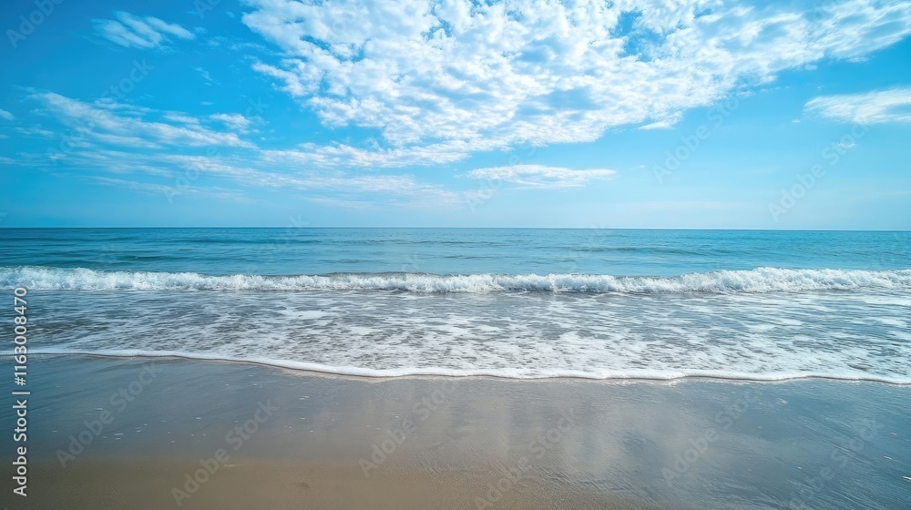 Poster serene ocean waves lapping at a sandy beach under a clear blue sky with scattered clouds creating a 