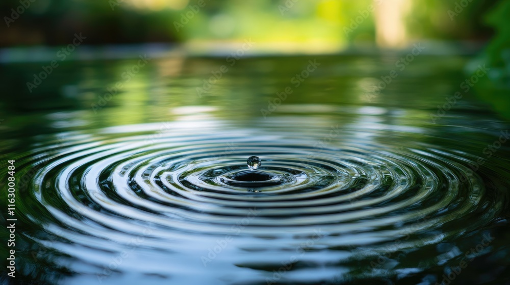 Poster close up of tranquil rippling water surface with reflections and a central droplet creating circular