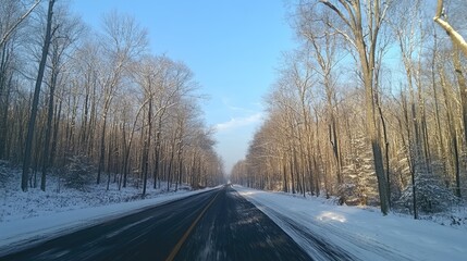 Fototapeta premium Winter road surrounded by snow-covered trees under a clear blue sky in a serene landscape scene