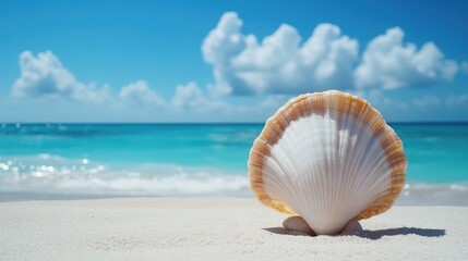 Seashell resting on sandy beach with azure waters and cloud-filled sky in the background creating a tranquil coastal scene