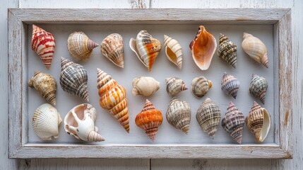 Seashells beautifully arranged in a decorative frame on a rustic white wooden background