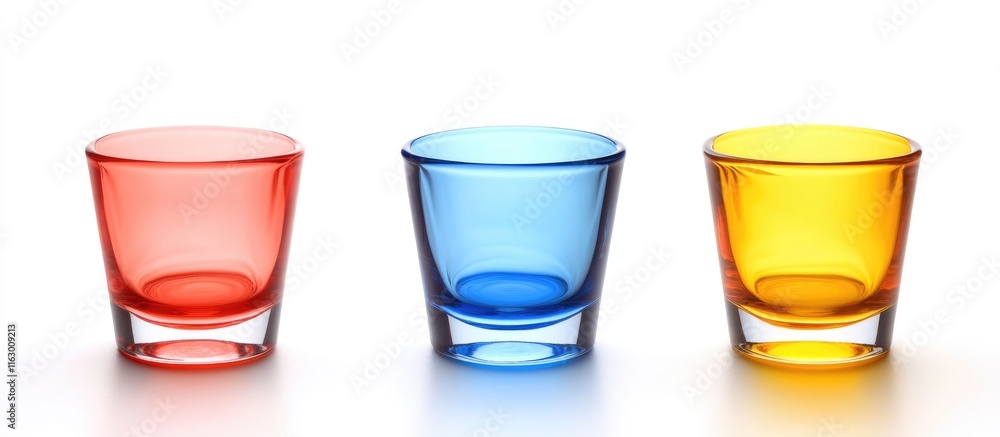 Poster colorful set of three solid shot glasses on white background with space for custom text or branding