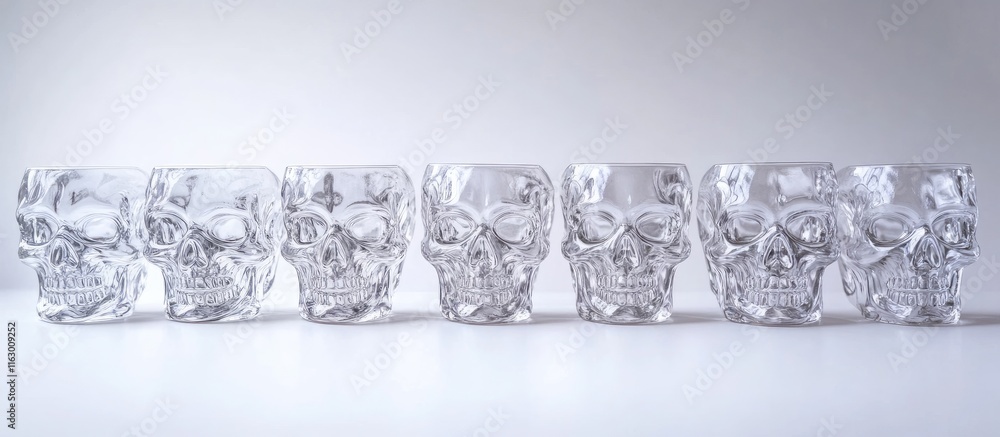 Poster collection of clear skull shaped glasses arranged on a white background with ample space for custom 