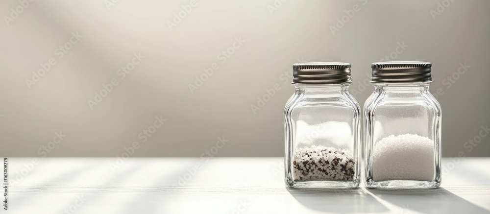 Poster glass salt and pepper shakers on a white table with soft lighting and ample space for text or brandi