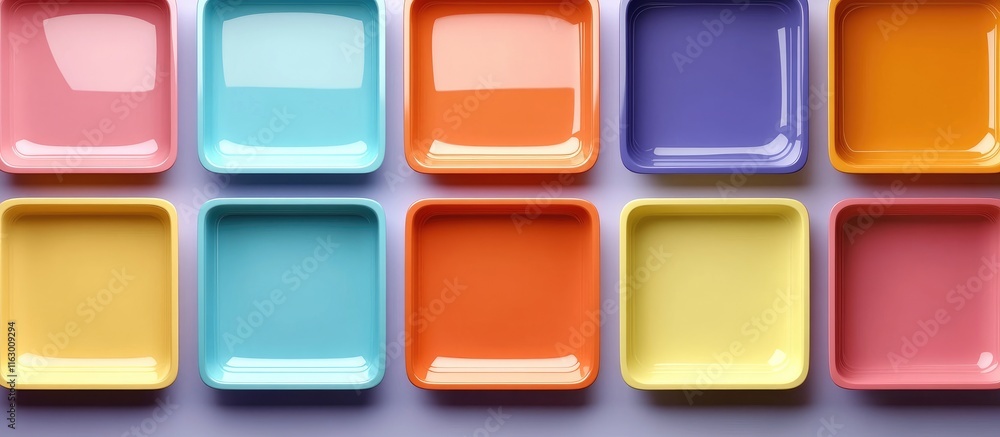Poster colorful square plates arranged in a grid pattern offering blank space for creative text or design e