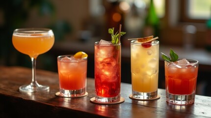 Fototapeta premium craft cocktails displayed on a rustic wooden bar