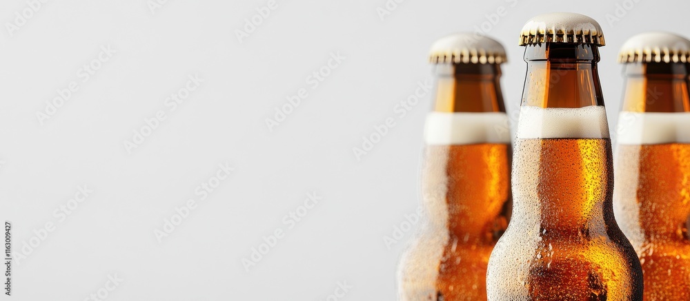 Poster refreshing beer bottles with frothy tops on a clean background ideal for beverage advertising and pr