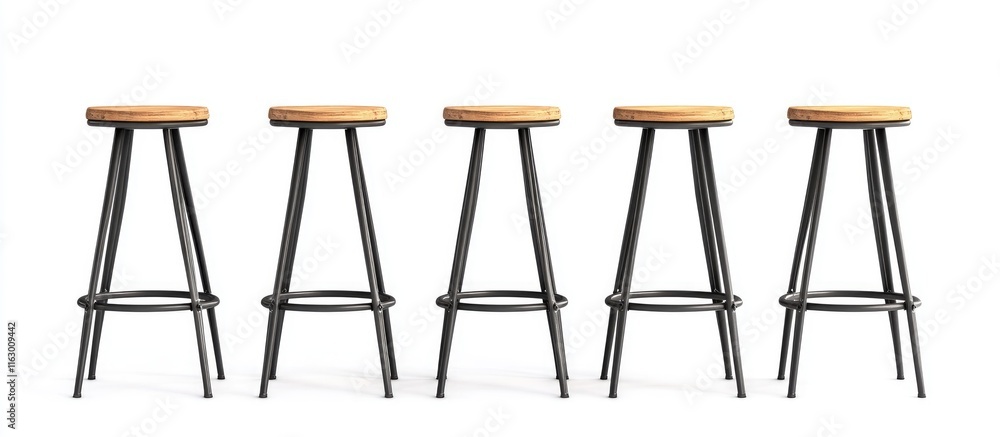 Poster stylish wooden seat bar stools with metal frames arranged in a row with empty space for text and des