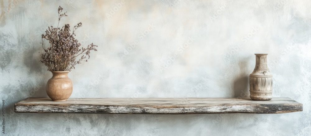Poster rustic wooden shelf with minimal decor and empty space for text in a shabby chic home setting with a