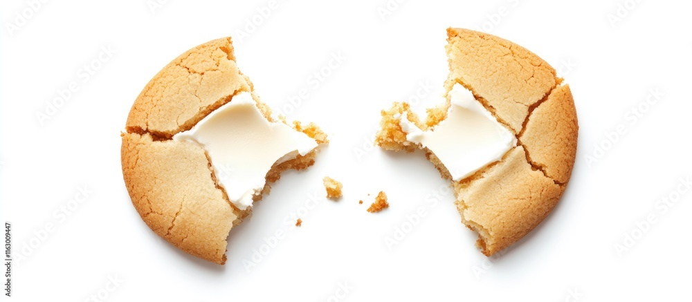 Poster Broken cream filled cookies on a white background with space for text showcasing the texture and filling of the treat.