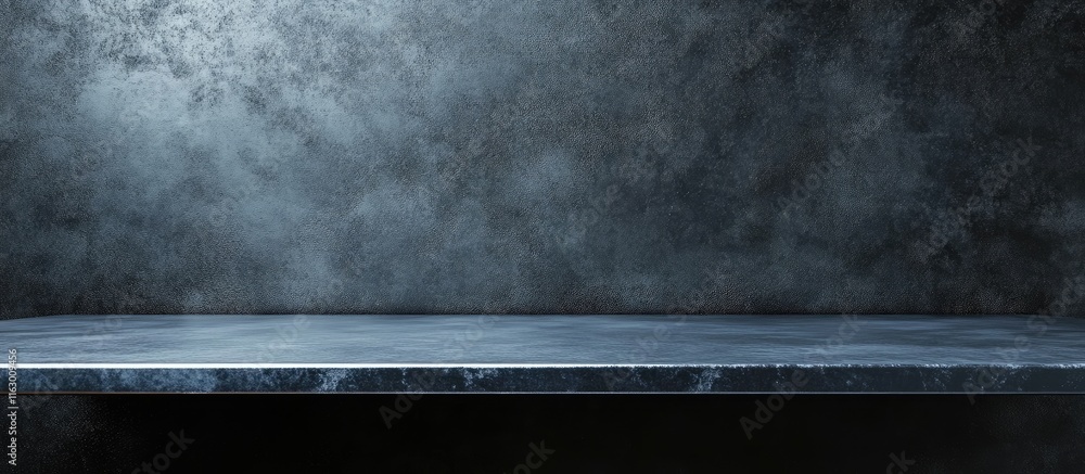 Poster empty steel table surface with misty background suitable for product display or text insertion in co