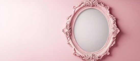 Vintage pink pastel ornate mirror with a chipped finish and blank space for personalization against a soft pink background.