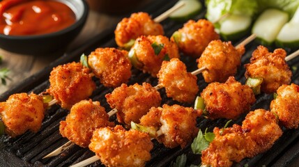Fototapeta premium Grilled savory vegetable skewers seasoned and ready to enjoy at a summer barbecue party with dipping sauce on the side