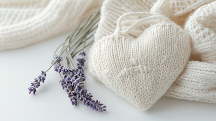 Fototapeta premium Soft Knitted Heart with Lavender Flowers Aromatic Sachet on White Background Elegant Home Decor and Relaxation Concept