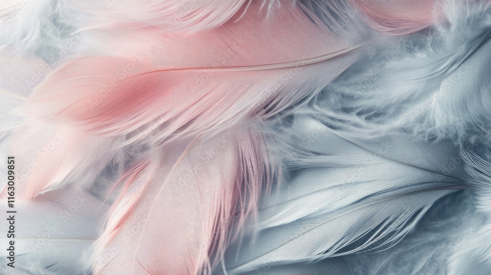 Poster delicate soft pink feathers intertwined on a soft gray fluffy background for artistic and creative d