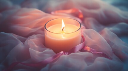 Lit Candle Resting on Soft Pink Fabric