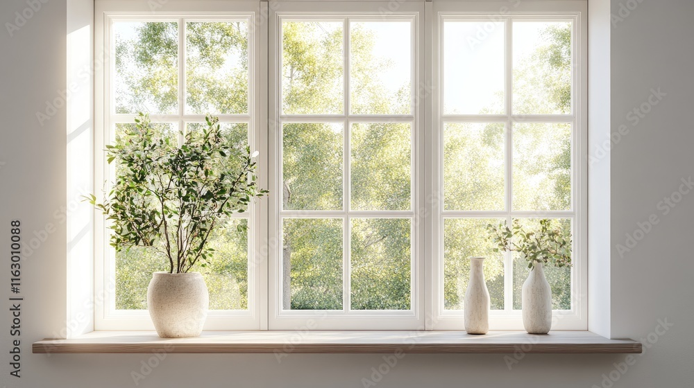 Poster soft natural light illuminating a serene window with plants and a minimalist design in a tranquil in