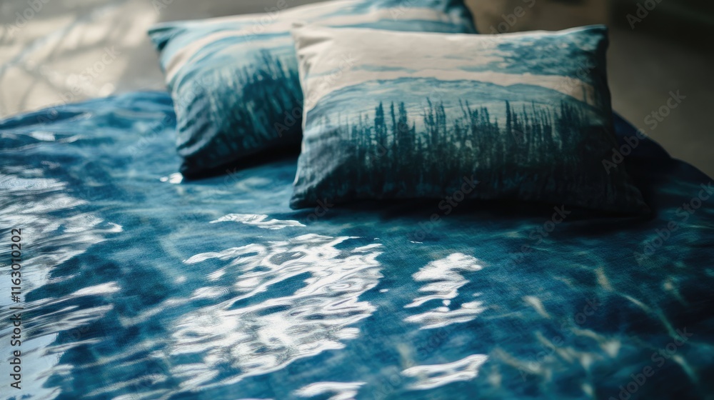 Aufkleber serene lake pool design pillow and bedding in modern bedroom setting creating a cozy and tranquil at