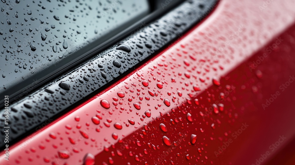 Poster raindrops and dew droplets on a shiny red car surface with blurred background reflections and textur