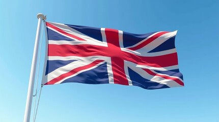 Union Flag (Union Jack) waving in the wind against a clear blue sky
