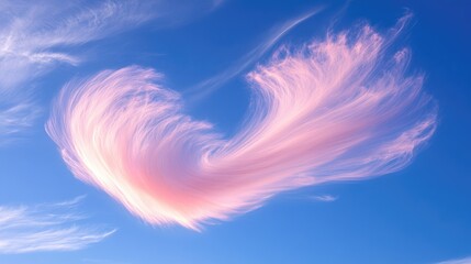 Naklejka premium Whimsical soft pink clouds gracefully swirl in a clear blue sky creating a dreamy and ethereal atmosphere perfect for serene visuals