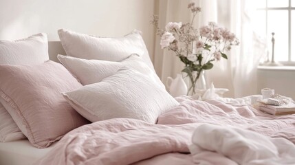 Romantic blush pink bedding with soft pillows and delicate floral decor in a serene bedroom setting