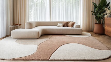 Modern living room with soft abstract rug inviting comfort featuring a stylish fabric sofa and elegant white curtains
